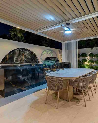 luxury outdoor kitchen, and serene poolside dining